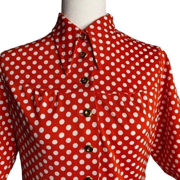 Vintage 70s Pleated Knit Shirt Dress M Red Polka Dots Point Collar Polyester - Picture 3 of 7